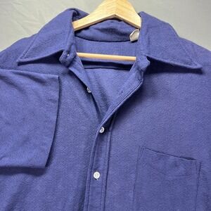True Vintage Button Up Shirt Mens Large Blue Short Sleeve Spread Disco Party